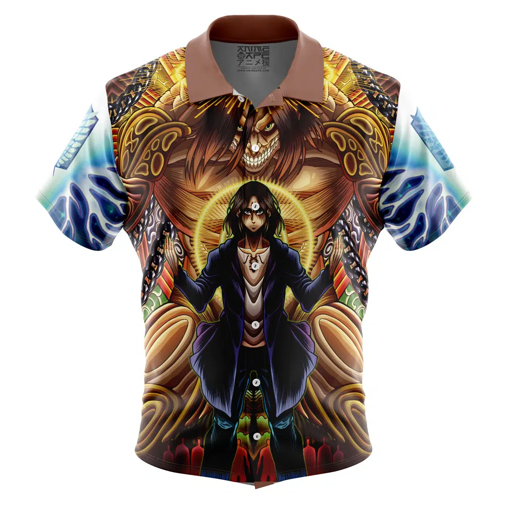 Trippy Eren Yeager Timeskip Attack on Titan Button Up Hawaiian Shirt