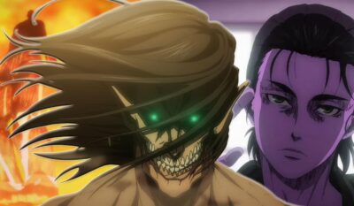 an attack on titan anime collage of a colossal titan on the left titan eren yeager in the center and eren yeager with a purple filter on the right - Attack On Titan UK Shop