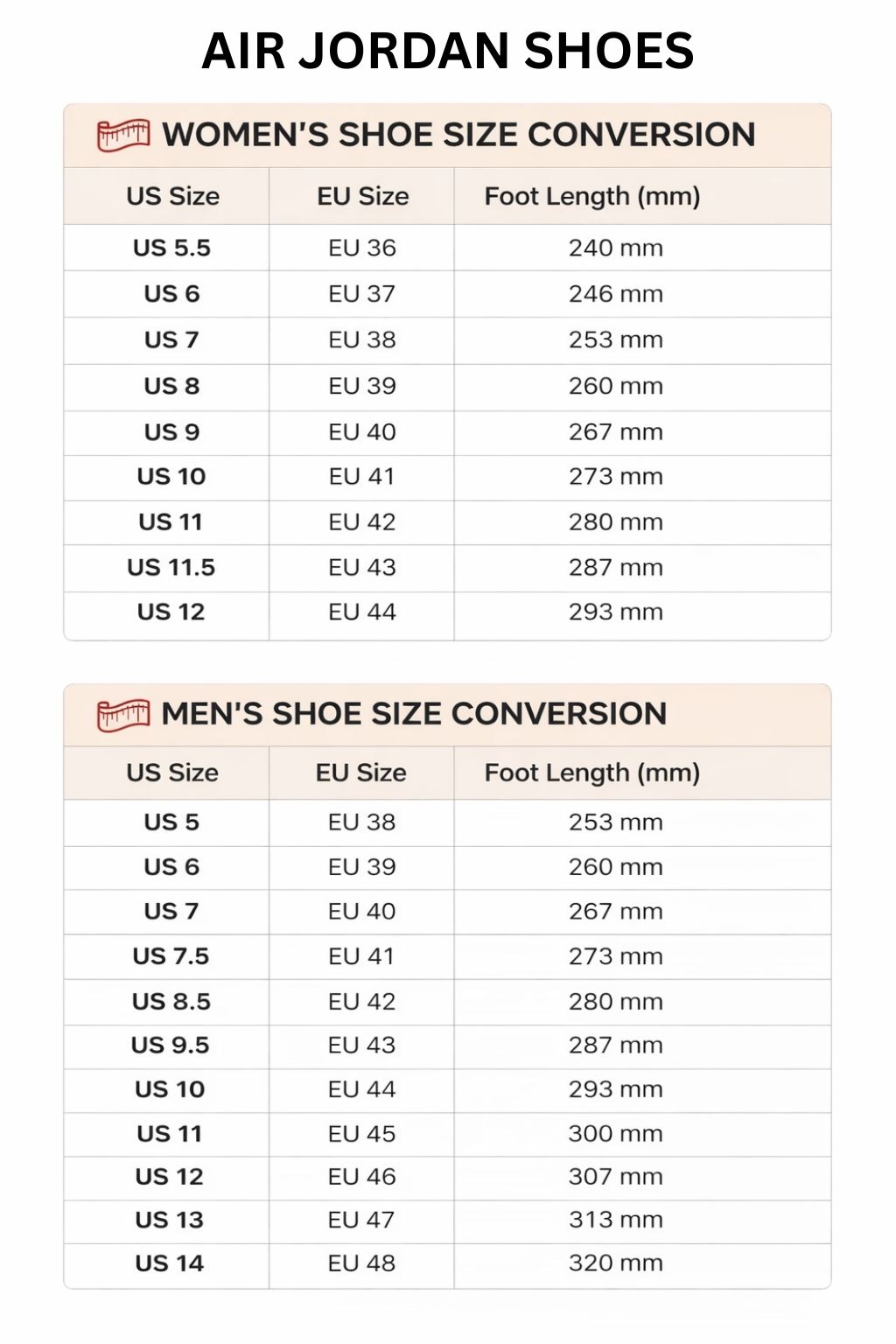 Air Jordan High Low Top Shoes Size Chart - Attack On Titan UK Shop
