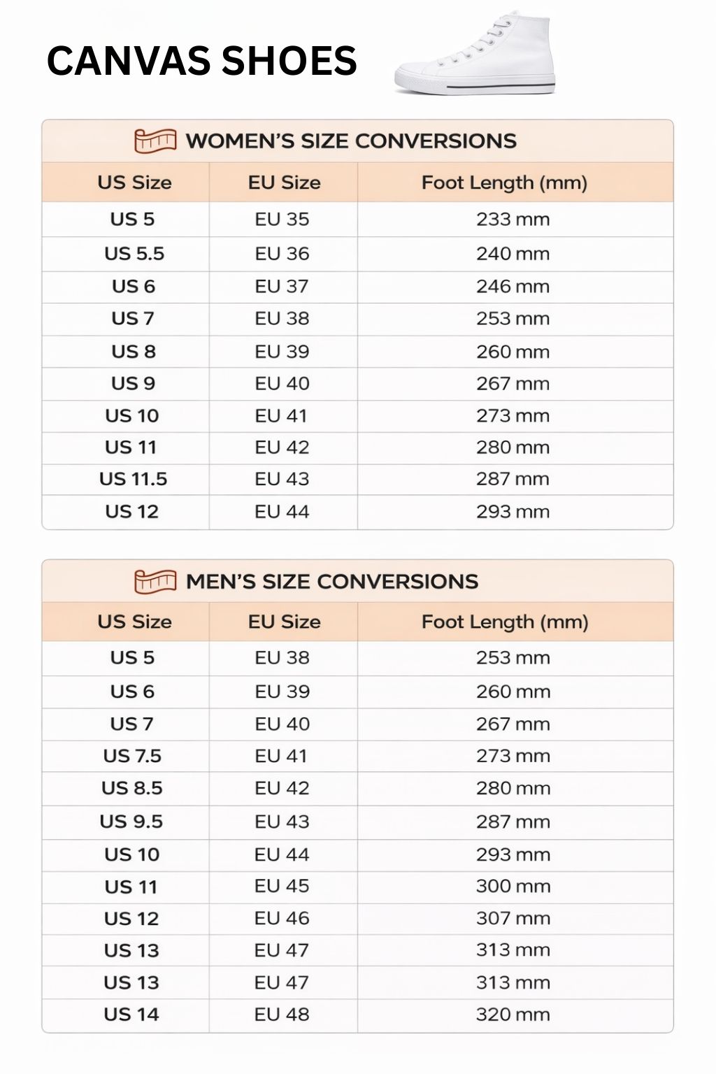 High Top Canvas Shoes Size Chart - Attack On Titan UK Shop