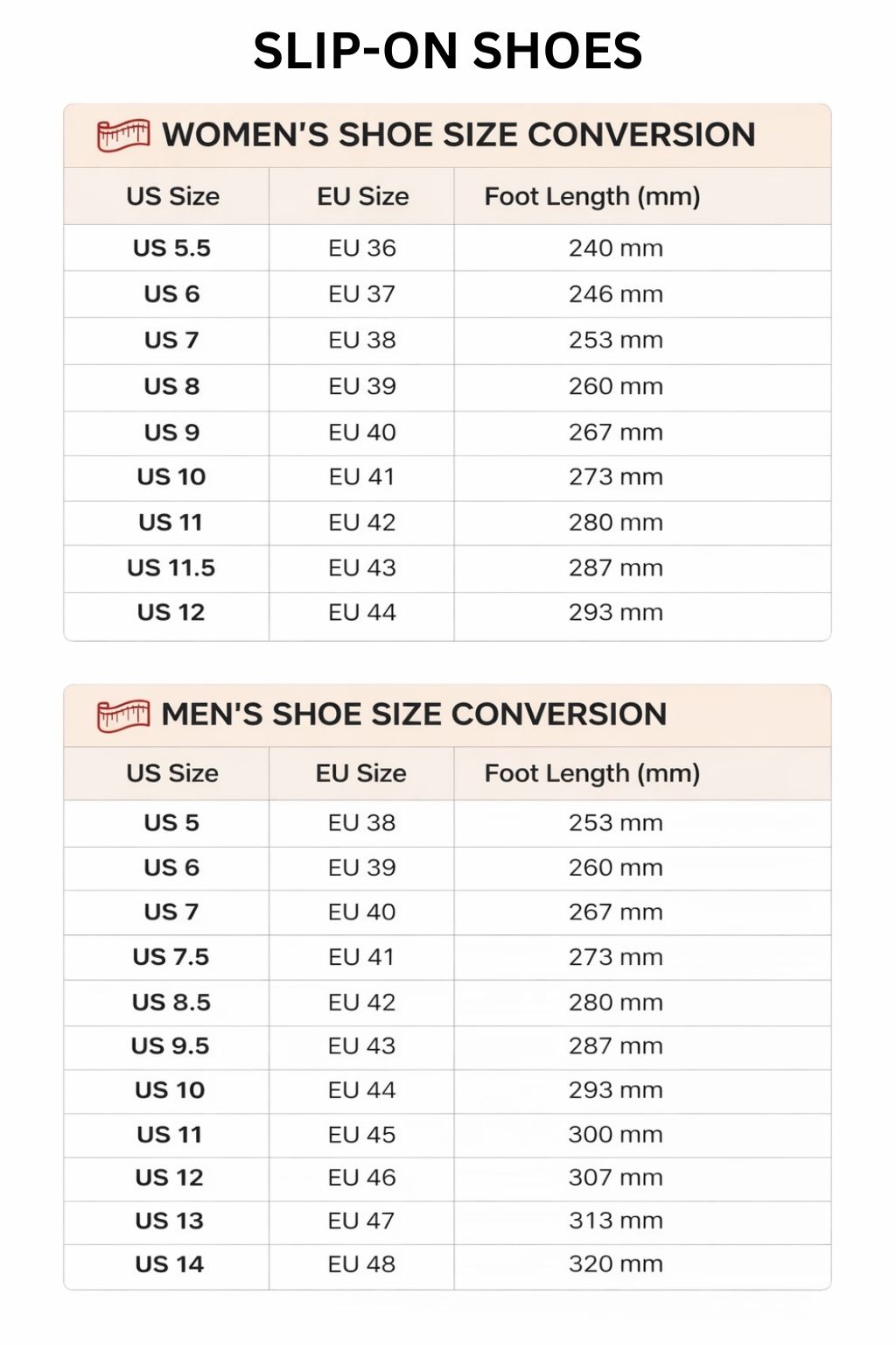Slip On Shoes Size Chart - Attack On Titan UK Shop